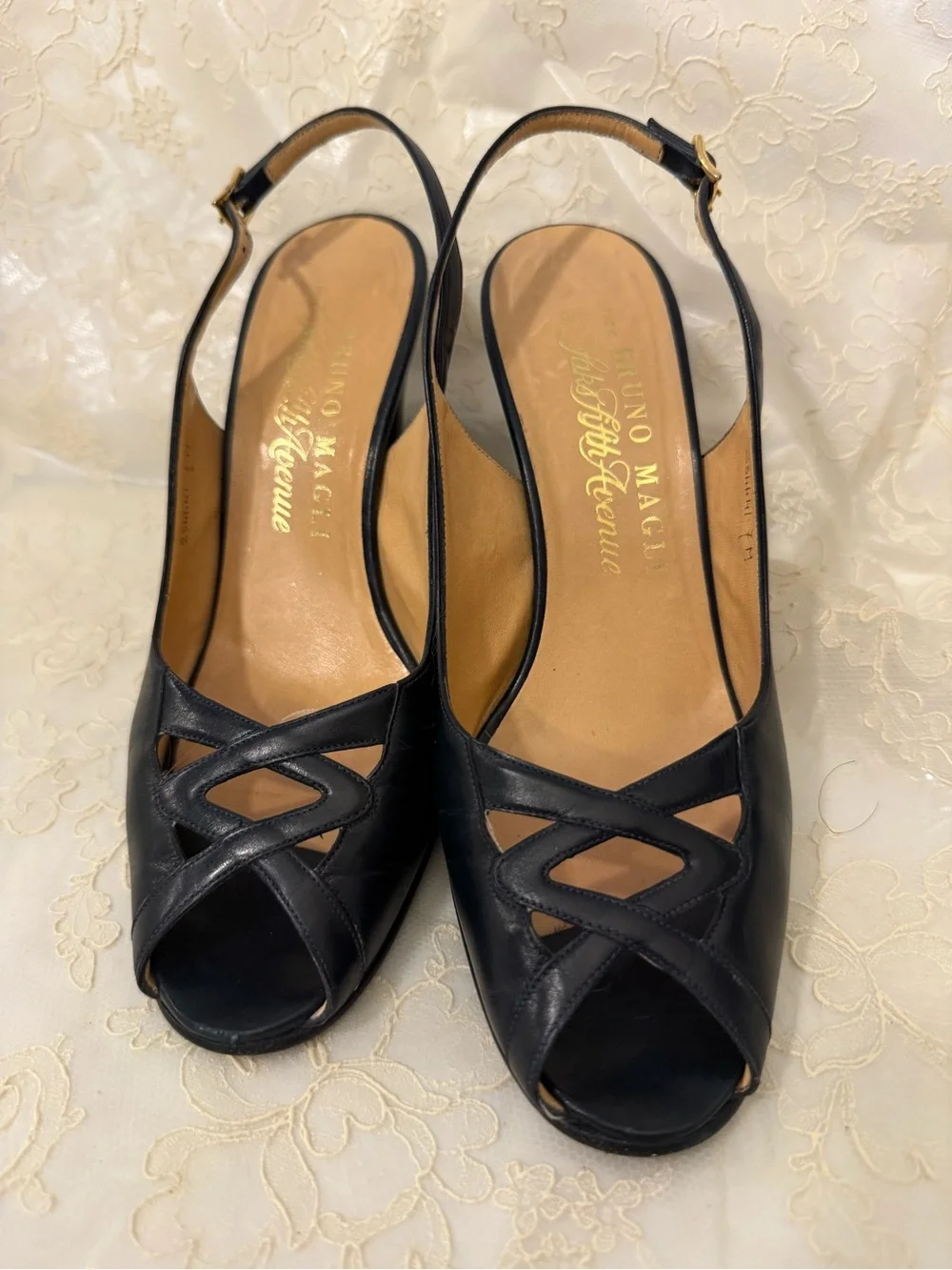 Bruno Magli Navy Blue Leather Slingback Peep-Toe Heels